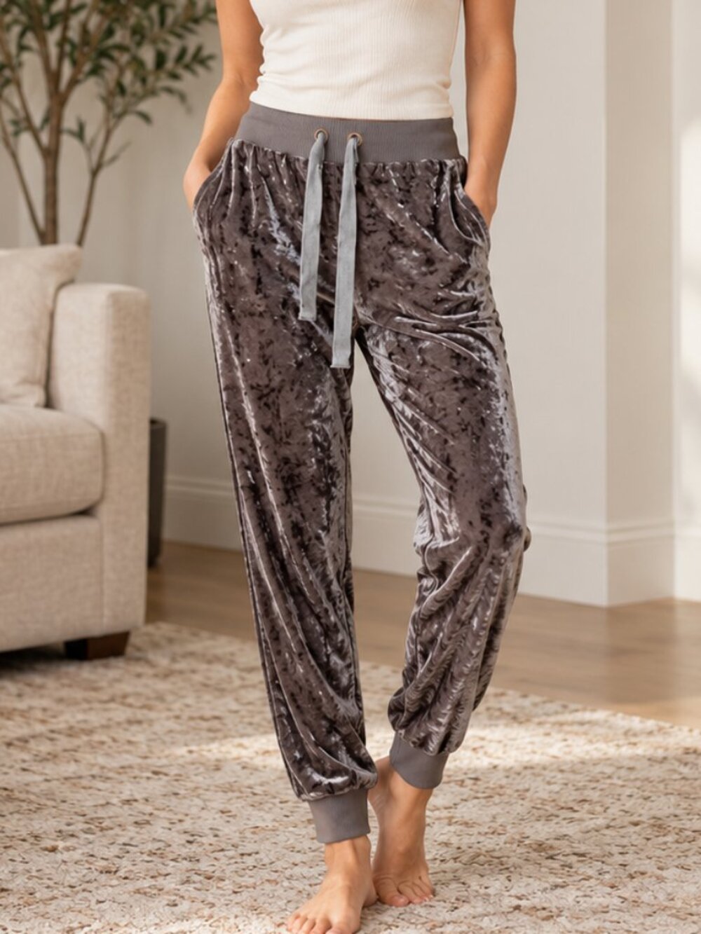 eSUE Women's Crushed Velvet Jogger Pants S Gray Mauve Y2K Embroidered Lounge